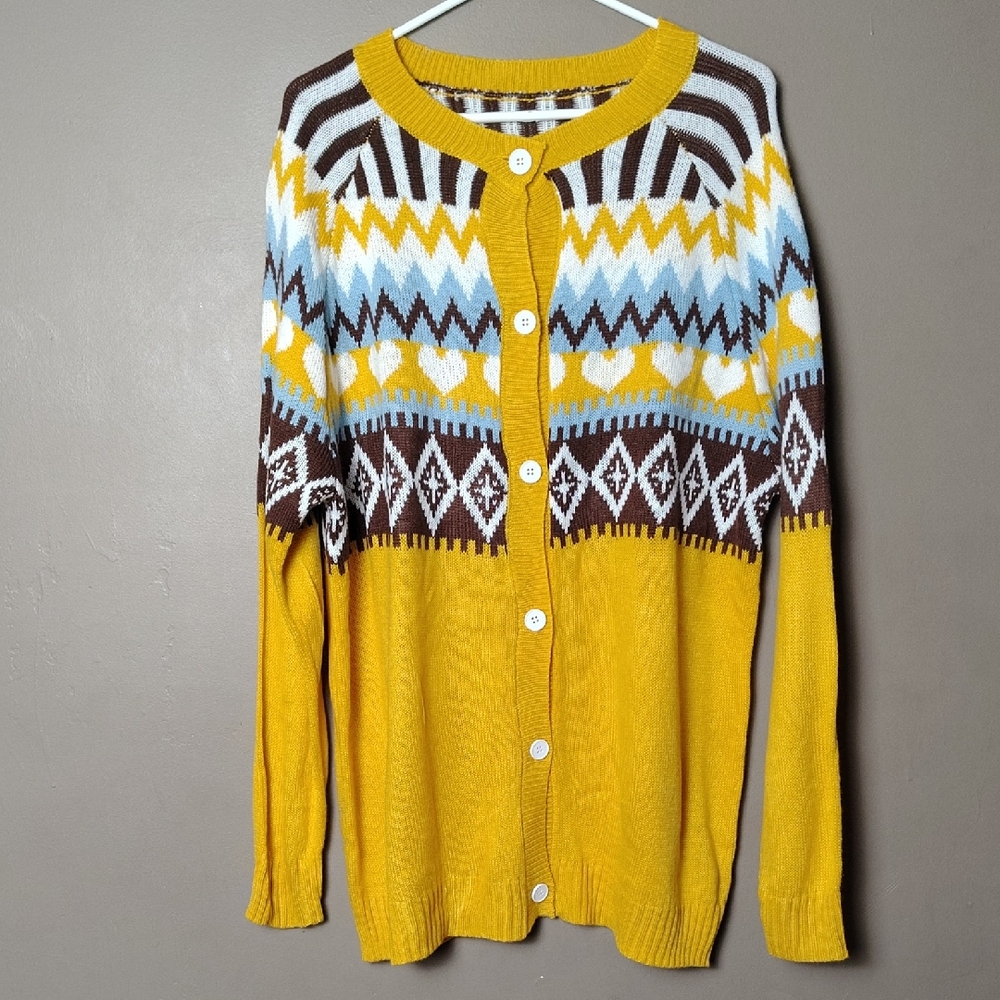 Unbranded Gold/Brown/Blue Patterned Full Button Cardigan Size 0XL